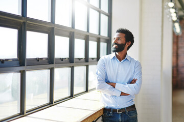 Aufkleber - Window, thinking and a business man arms crossed in the office with a smile or vision of future success. Happy, idea and corporate with a male employee standing in the workplace during his break