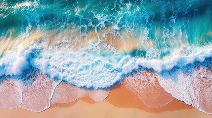 Wall Mural - Ocean waves on the beach as a background. Beautiful natural summer vacation holidays background. Aerial top down view of beach and sea with blue water waves