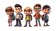 3D Cartoon Character Group - Cute Student Boys, Isolated Transparent Background Png