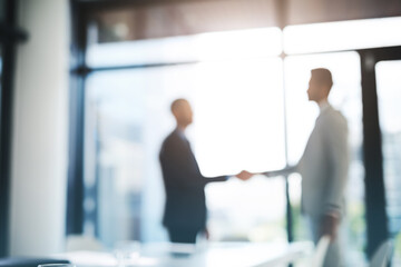 Poster - Business people, handshake and partnership for meeting, hiring or b2b deal agreement at office. Businessman shaking hands in recruiting, teamwork or collaboration with blurred background at workplace
