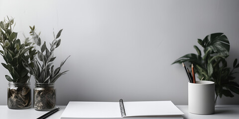 Notebook on wooden table, designer workplace, elegant workspace, home office concept. Scandinavian interior design. AI generated