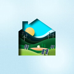 Poster - Green eco house paper art style. Sustainability in green energy, alternative energy and ecology conservation concept. Vector Illustration.