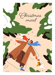 Poster - Dog owner and cute puppies in nature on winter holiday. Christmas mood, card design. Happy person and pets outdoor enjoying wintertime, Xmas eve in forest, making snow angel. Flat vector illustration