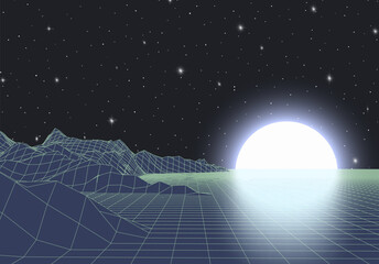 Poster - Retro futuristic landscape with mountains and sun in deep space. 80s styled synthwve landscape with sunrise over alien planet.