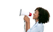 © NAMPIX - Beautiful Black Lady Using Megaphone For Making Announcement, Cheerful African American Woman Holding Loudspeaker Standing On White Background
