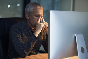 Poster - Night, office and stress headache by senior man on computer with problem crisis or internet glitch. Migraine, burnout and frustrated elderly male person working late on deadline, 404 or business fail