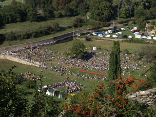 Wall Mural - Aerial view of medieval jousting tournament and crowd in Cremieu during 