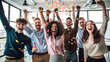 © Elijah - A diverse group of colleagues celebrating an office win/victory. Generated by AI.