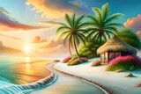 Fototapeta Sypialnia - Beautiful summer vacation holidays, sea beach with palm tree leaves & various colorful flower background, rainbow shining this hot sunny time 