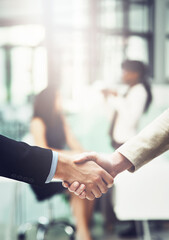 Poster - Partnership, handshake and business people in office for a deal, collaboration or corporate meeting. Teamwork, introduction and closeup of employees shaking hands for greeting or welcome in workplace