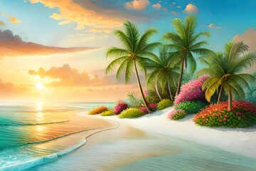 Beautiful summer vacation holidays, sea beach with palm tree leaves & various colorful flower background, rainbow shining this hot sunny time 