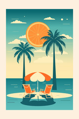 Wall Mural - Beach holiday, postcard. Tropical island with palm trees, sun loungers and the ocean. vacation. vector. Postcard design