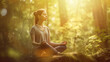 Woman meditating in the forest having spiritual awakening as illustration (Generative AI)