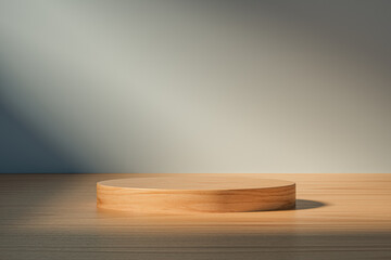 Wall Mural - 3d presentation pedestal or dais made of wood in room illuminated by sunlight. 3d rendering of mocku