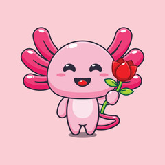 Wall Mural - axolotl holding rose flower cartoon vector illustration.