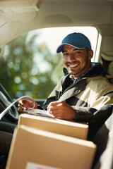 Poster - Writing, delivery and checklist with portrait of man in van for courier, logistics and shipping. Ecommerce, export and distribution with male postman in vehicle for mail, package and cargo shipment