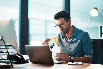 Poster - Unhappy business man eating noodles in office at laptop in startup agency with disgust, upset or problem. Frustrated, sad and angry male employee with bad fast food at computer for working in company
