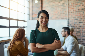 Aufkleber - Smile, portrait and business woman with arms crossed in company startup meeting. Face, confidence and happy female leader, professional and person with pride for career, job and success mindset.