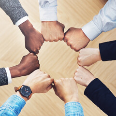 Poster - Team building, fist bump or hands of business people for diversity, group support or community in office. Teamwork, above or circle of fists for motivation, collaboration or partnership for a mission