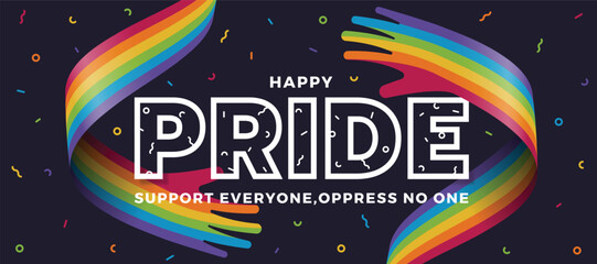 Happy Pride month, support everyone oppress no one - text on waving rainbow LGBTQ pride flags texture background vector design