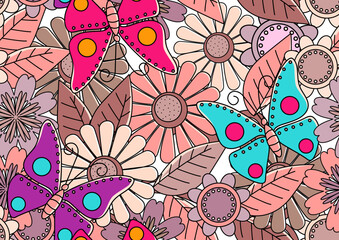 Wall Mural - mural doodle butterflies flowers pink tone