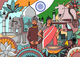 Wall Mural - mural doodle art of india flag decorated with the country famous elements and icons