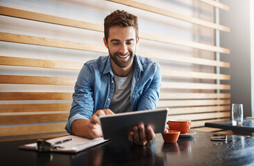 Poster - Online, typing and a man with a tablet at a cafe for communication, connectivity and administration. Happy, remote work and a male entrepreneur reading from the web with technology at a coffee shop