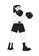 Poster - Kickboxing young woman monochromatic flat vector character. Caucasian girl wearing boxing gloves. Editable thin line full body person on white. Simple bw cartoon spot image for web graphic design