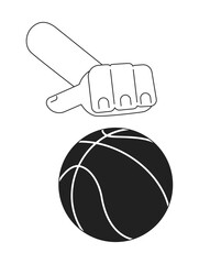 Poster - Hand dribbling in basketball monochromatic flat vector first view hand. Streetball game. Hand touches ball. Editable thin line closeup pov on white. Simple bw cartoon spot image for web graphic design
