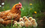 Fototapeta Młodzieżowe - Hen and chickens in the grass. AI generated