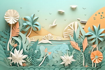 Illustration of a summer beach in paper cut art style in pastel colors. Generated AI