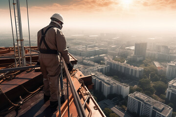 Wall Mural - construction engineer worker at heights,architecture sci-fi construction working platform on top of building, suspended cables, fall protection and scaffolding installation.