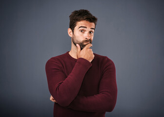 Aufkleber - Doubt, thinking and portrait of man with unsure, uncertain and thoughtful on gray background. Wondering, mockup space and face of male person confused for decision, choice and question in studio
