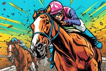 Horse Racing In Comic Pop Art Style Illustration, Generative Ai