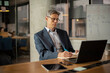 © JustLife - Businessman working with laptop at office. Businessman sitting at office desk working on laptop computer..