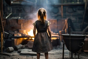 Canvas Print - Blacksmith girl forge. Generate Ai