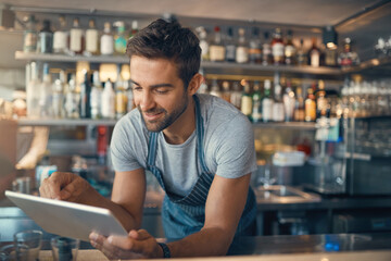 Fototapete - Cafe, waiter and reading on digital tablet, scroll through inventory list and check stock, small business and hospitality. Man, owner and franchise with admin and stocktaking with connectivity