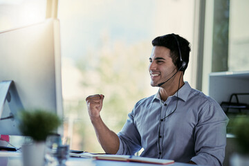 Aufkleber - Callcenter agent, smile and winning, man with advice, celebration and happiness at help desk. Happy phone call, conversation and success, customer support consultant speaking into headset in office.