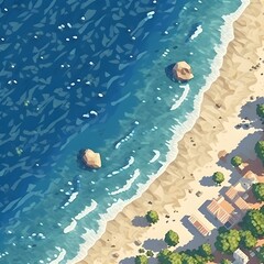 Ocean waves on the beach as a background. Beautiful natural summer vacation holidays background. Aerial top down view of beach and sea with blue water, pixel art, generative ai