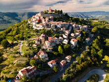 Aerial View Of The Ancient City Of Motovun In Summer, Located On The Top Of The Mountain. Istria, Croatia. Aerial Drone Footage.