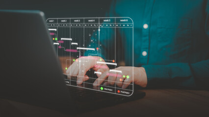Poster - Business man working data analytics with computer in business management system to make report with KPI and metrics connected to database. Corporate strategy for finance, marketing, operations, sales.