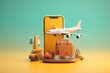 Illustration of a smartphone with airplane wings and a world map. Representing travel and adventure. Generative AI