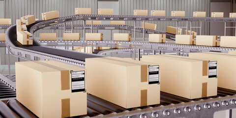 Poster - Conveyor with boxes. Production line. Parcels inside automated warehouse. Autonomous production. Fulfillment process. Parcels go on conveyor. Delivery service warehouse. Automated conveyor. 3d image