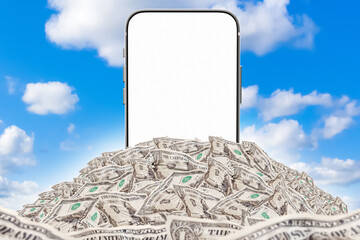Poster - Phone in pile of money. Smartphone with blank screen. Crumpled dollar bills. Smart phone template. Copyspace. Place for application. Website template. Place for bank recommendation. 3d image