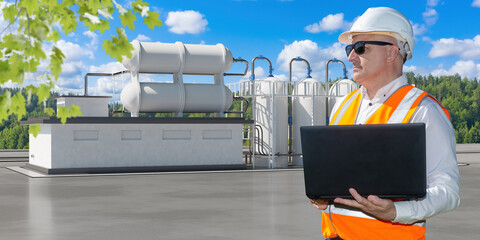 Poster - chemical factory worker. man engineer with laptop. eco-friendly plant with white tanks. guy in work 