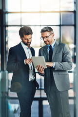 Poster - Tablet, training and review with business people in office for networking, communication and planning. Idea, collaboration and corporate with employees for partnership, teamwork and meeting