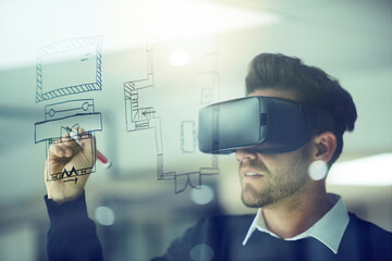Poster - Architect, drawing and virtual reality for planning, blueprint on wall and design innovation for future construction project. Man, architecture technology and working with vr headset for house plan