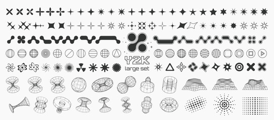 Poster - Y2K trendy shapes and 3d vector geometric figures, millennial symbols, signs and icons, large collection of shapes.