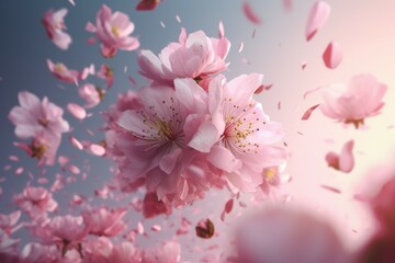 Poster - Cherry flowers petal flying sky. Generate Ai