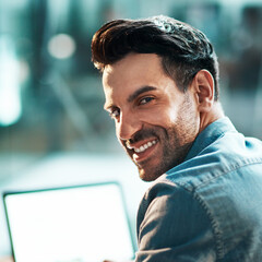 Poster - IT man, face and smile for portrait in office with confidence, and commitment to company business. Happy male entrepreneur working in startup agency with pride, professionalism and motivation